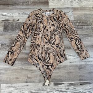 JA Moda Femenina Sheer Mesh Bodysuit Abstract Swirl Y2K Long Sleeve Top Medium